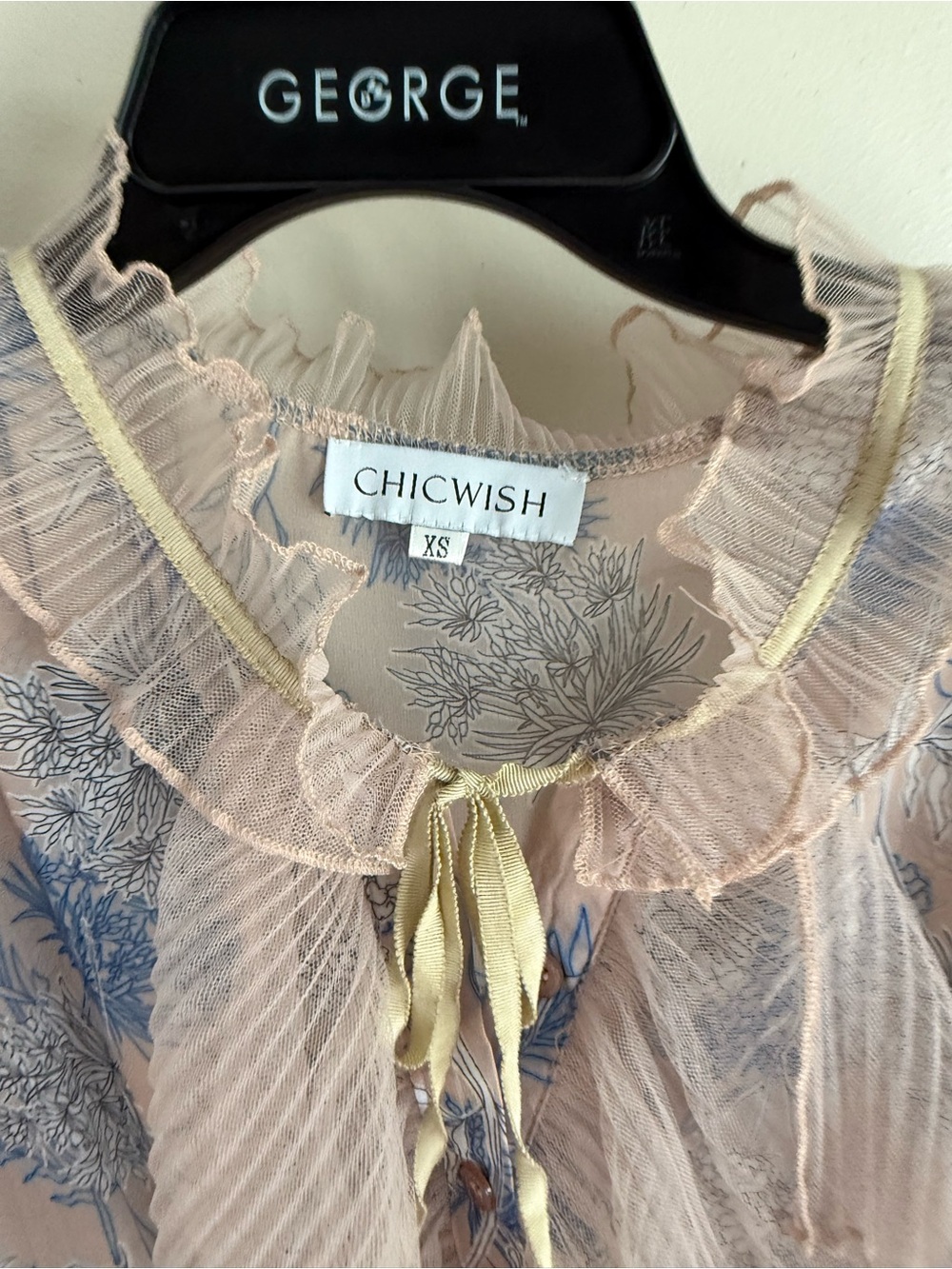 Chicwish Blush and Navy Floral Ruffle Tie-Neck Blouse - Picture 3 of 4